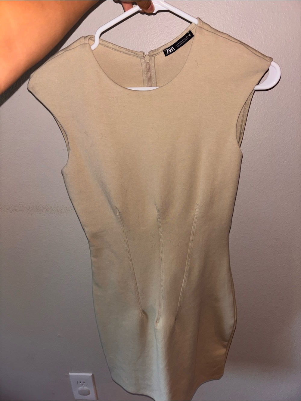 ZARA Neutral Beige Crewneck Dress with Back Zip